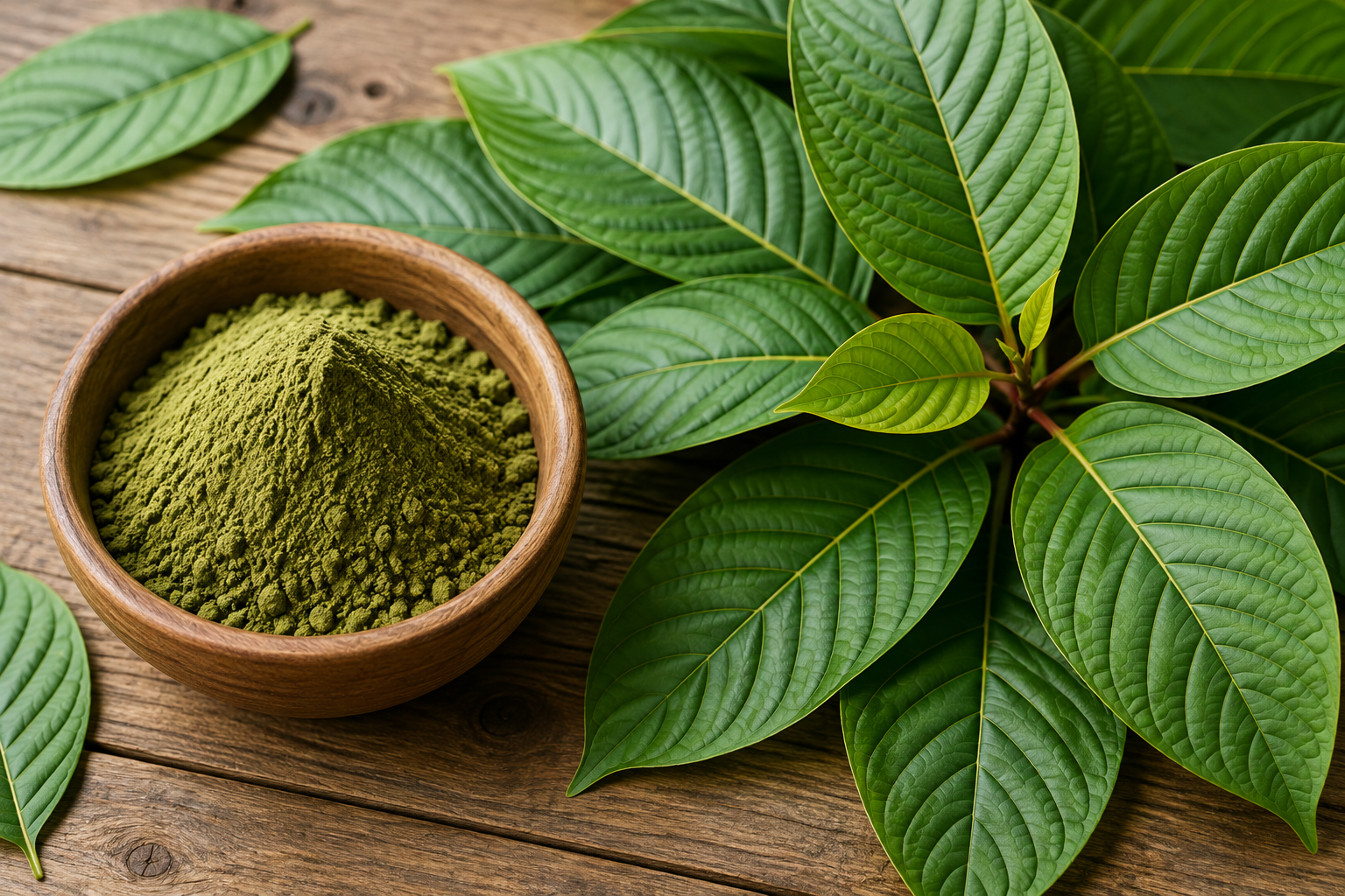 Kratom powder and fresh leaves on a wood table